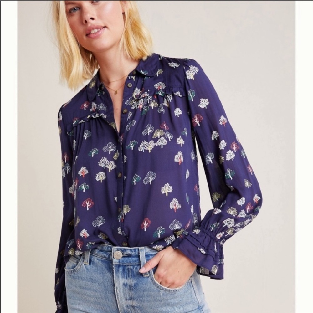 Anthropologie Maeve Fredricka Tree Navy Blue Peasant Blouse